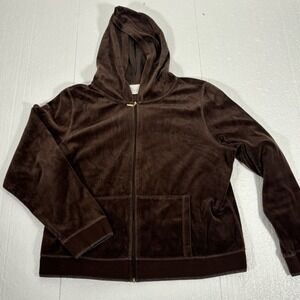 First Issue Liz Claiborne Brown Velour Hoodie Zip Sweatshirt Petite Large‎ P/L
